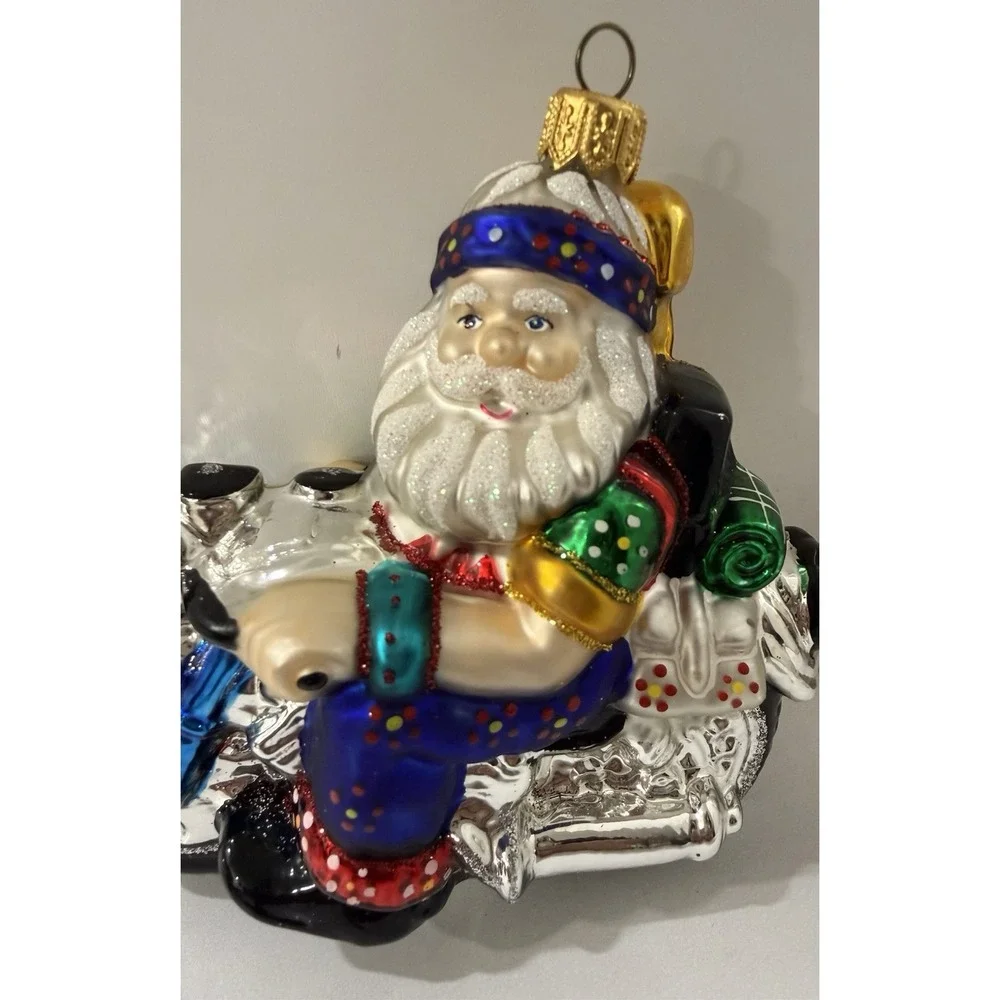 Max Glass Santa Claus Riding Motorcycle Blown Glass Christmas Ornament Poland